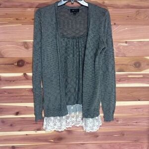 AB Studio Womens Grey Knit Open Front Cardigan White Lace Hem Layered Sweater S